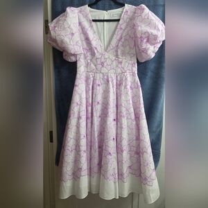 Mac Duggal Lilac and White Embroidered Dress with Puff Sleeves